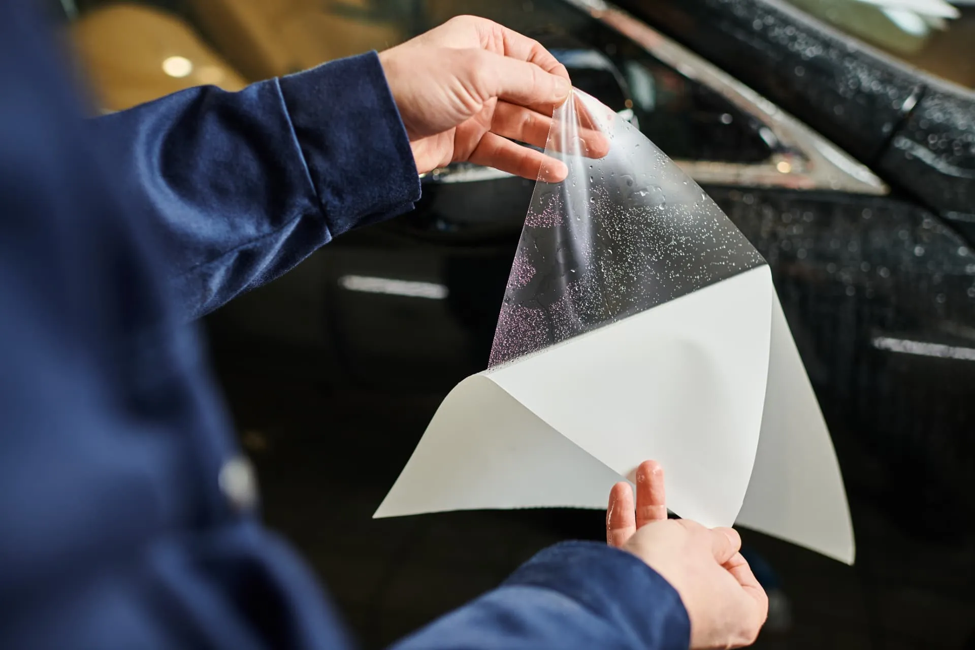Technician peeling backing from clear paint protection film beside a black car in Rhode Island